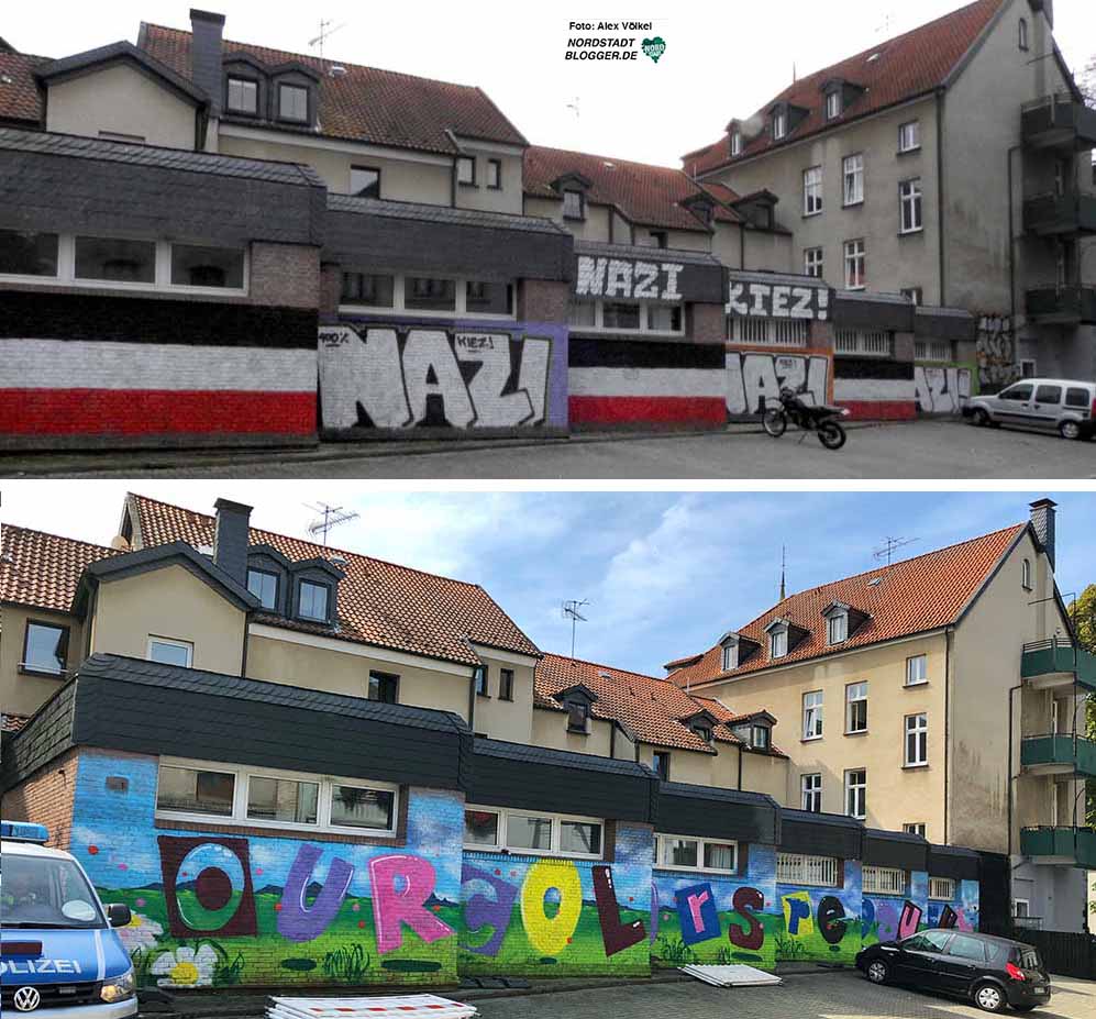Statt „Nazi-Kiez“ lautet die Botschaft nun „Our colours are beautiful“. Fotos: Alex Völkel