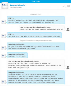 „Bewerberchat“ auf der Unternehmensseite: Dort gibt man Auskunft zum Thema Betriebsrat - doch der Rückruf erfolgt nicht.