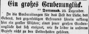 Beginn des ersten Artikels der Dortmunder Zeitung über das neuerliche Grubenunglück auf Kaiserstuhl (Dortmunder Zeitung, 23.12.1897)