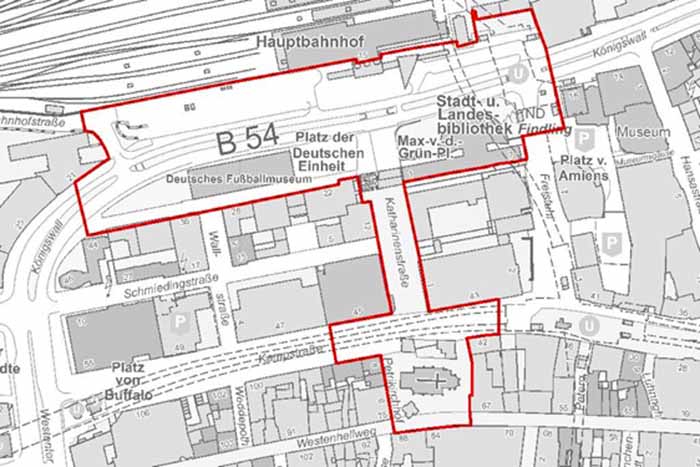 Die Verbotszone am Hauptbahnhof wird eingerichtet im Bereich Königswall 16 bis 44 einschließlich Bahnhofsvorplatz, Platz der Deutschen Einheit, Max-von-der-Grün-Platz 1-7, Freistuhl/ Ecke Königswall, Katharinenstraße, Kampstraße 42 bis 80, Petrikirchhof, Westenhellweg 67-75.