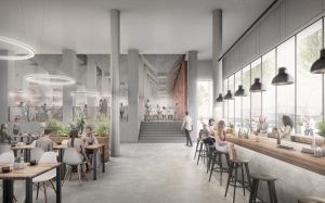 Auch Gastronomie soll im neuen Hafenforum an der Speicherstraße einziehen. Visualisierung: Gerber Architekten