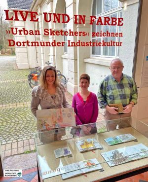 (v.li.) Zeichnerin Birgit Encke, Isolde Parussel (Leiterin des Hoesch-Museums) und Guido Wessel, Urban Sketcher im Hoesch-Museum.