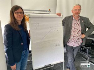 Dr. Kathrin Drews und Torsten Schulz von der Technologieberatungsstelle NRW (TBS NRW) beraten die Arbeitnehmervertreter von Caterpillar.