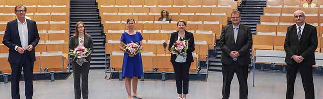 Bilden ab. 1. September das neue Rektorat der TU Dortmund (v.l.n.r.): Kanzler Albrecht Ehlers, Prof. Nele McElvany, Prof. Tessa Flatten, Prof. Wiebke Möhring, Prof. Gerhard Schembecker und Prof. Manfred Bayer. Foto: Oliver Schaper/ TU Dortmund