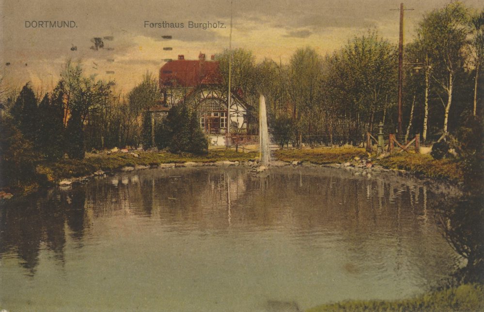 Forsthaus Burgholz mit Weiher und Springbrunnen, 1918 (Sammlung Klaus Winter)