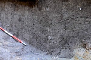 Für den Laien kaum erkennbar. Für den Fachmann selbstverständlich: Schicht für Schicht hatte man Mitte des 16. Jahrhunderts den Wassergraben wieder verfüllt. Mit einem dicken Nagel werden die unterschiedlichen Einfüllschichten für das Dokumentationsfoto am Grabenprofil kenntlich gemacht. Unterschiede in Farbe und Füllmaterial liefern dabei die Anhaltspunkte für die Abgrenzung.