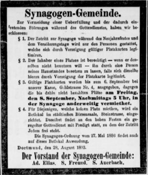 Anzeige der Synagogengemeinde Dortmund (Dortmunder Zeitung, 30.08.1893)