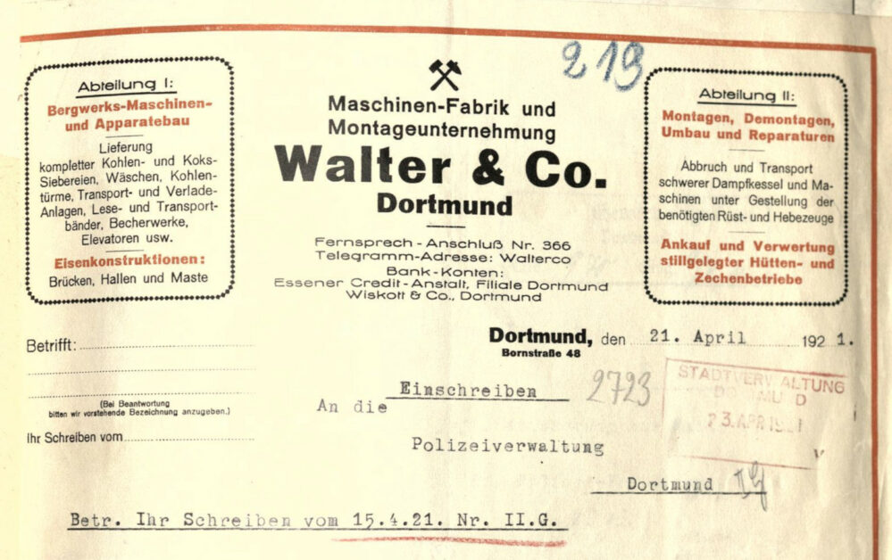 Briefkopf der Fa. Walter & Co., 1921 (Stadtarchiv Dortmund)