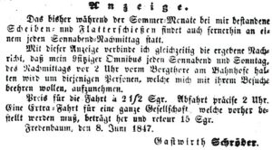 Anzeige mit Hinweis auf den Omnibus zum Fredenbaum (Dortmunder Anzeiger, 16.06.1847)