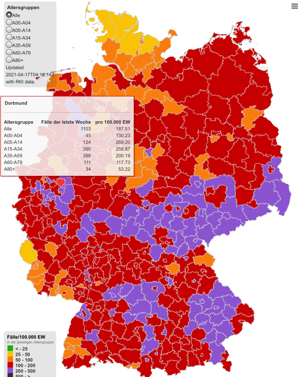 Die Sieben-Tage-Inzidenz nach Altersgruppen in Städten und Kreisen. Quelle: https://semohr.github.io/risikogebiete_deutschland/