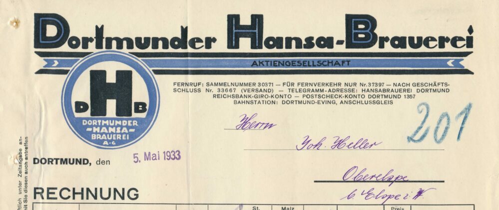 Rechnungskopf Dortmunder Hansa-Brauerei, 1933 (Slg. Klaus Winter)