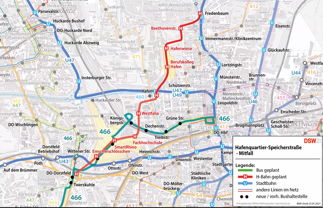 So sieht die Vision aus - eine H-Bahn-Linie von Smart Rhino über den Hafen bis zum Fredenbaum. Plan: DSW21