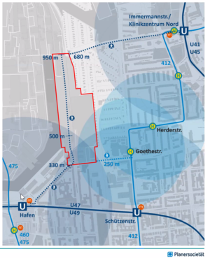 Bislang erschließt der ÖPNV das Quartier nur unzureichend. Karte: Planersocietät