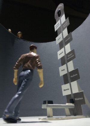 Die „Männerräume“ von Matthias Kowall sind ein komplexes Ausstellungskonzept, das für alle Besucher*in anders ist. (Grafik: FH Dortmund/ Matthias Kowall)