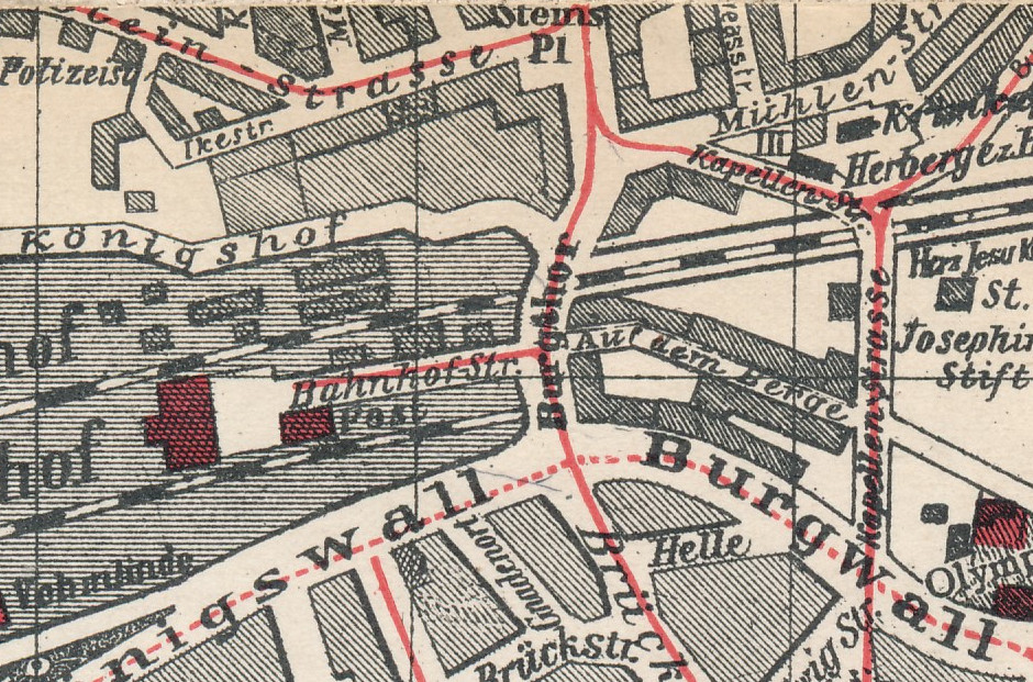 Vogells Restaurant lag an der Einmündung Königshof in Burgtor /Münsterstraße, Plan 1902, Detail (Slg. Klaus Winter)