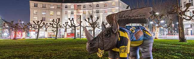 Der Borsigplatz in der Nordstadt mit BVB-Nashorn Hoppi. Foto: Klaus Körmann