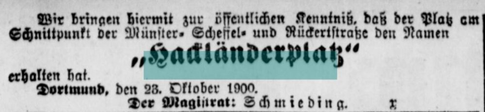 Städtische Bekanntmachung des Platz-Namens (Dortmunder Zeitung, 24.10.1900)