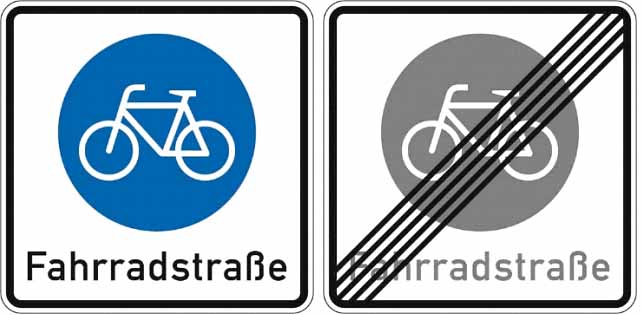 Beginn und Ende einer Fahrradstraße werden durch die dargestellten Verkehrszeichen (244.1 und 244.2) geregelt.