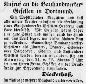 Aufruf zur Gründung einer Bauhandwerker-Gesellen-Herberge in Dortmund (Dortmunder Anzeiger, 23.02.1850)