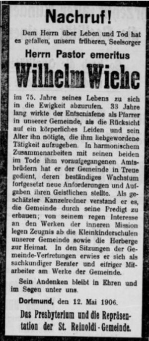 Nachruf auf den Reinoldi-Pfarrer Wiehe (Dortmunder Zeitung, 12.05.1906)