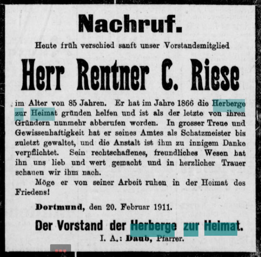 Todesanzeige für den letzten Gründer der Herberge (Dortmunder Zeitung, 21.02.1911)
