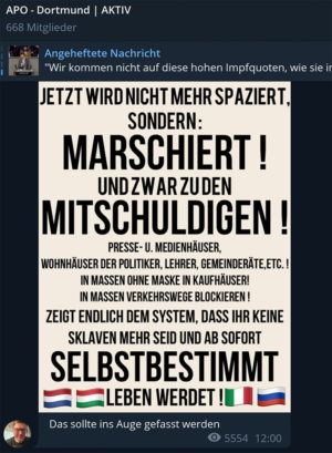 Im vergangenen Winter kam es wiederholt in mehreren Städten Deutschlands zur Einschüchterung von Politiker:innen. „Querdenker:innen“ zogen dabei mit Fackeln vor Privathäuser der Personen des öffentlichen Lebens. Auch in der Dortmunder Telegram-Gruppe forderte ein Mitglied das „Marschieren zu Mitschuldigen“ solle ins Auge gefasst werden.