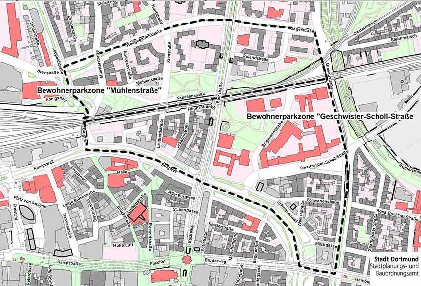 Die Bewohner:innen-Parkzonen „Geschwister-Scholl-Straße“ und „Mühlenstraße“ sind geplant.