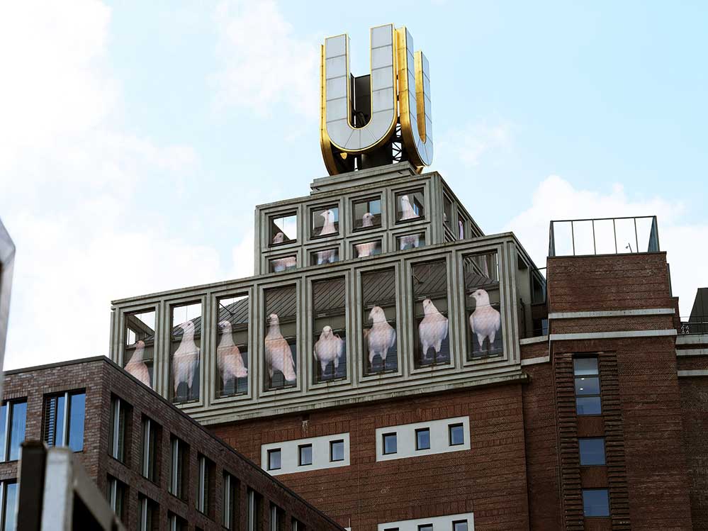 Weiße Tauben am Dortmunder U: Adolf Winkelmann vermittelt eine Friedensbotschaft am U-Turm.