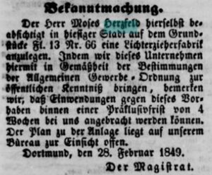 Bekanntmachung zur Lichterzieherfabrik Herzfeld (Dortmunder Anzeiger, 03.03.1849)
