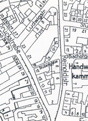 Zwischen den Häusern Brückstraße 17 und 19 führte einst ein Abschnitt der Stubengasse bis zur Reinoldistraße; Stadtplan Dortmund um 1940