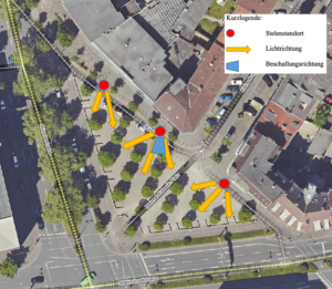 An diesen Stellen sollen die Beleichtungsstelen auf dem Mehmet-Kubaşık-Platz aufgestellt werden.