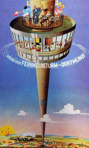 Ein historisches Plakat macht Werbung für den Besuch auf dem Florianturm im Dortmunder Westfalenpark.