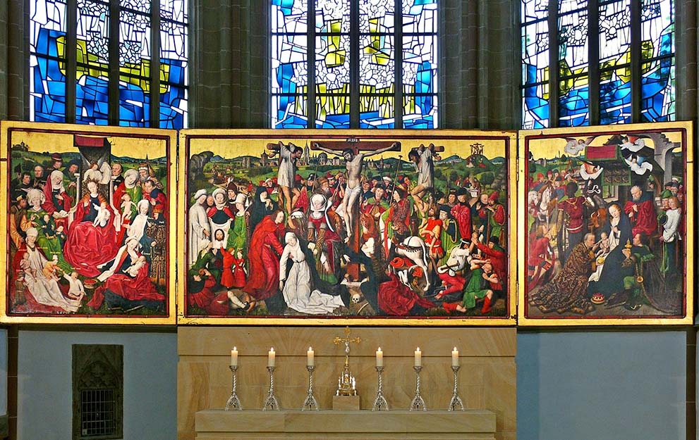 Auf dem linken Flügel des Altars von Derick Baegert in der Propsteikirche ist im Hintergrund die älteste bekannte Ansicht der Stadt Dortmund mit dem Katharinenkloster ganz links zu erkennen.