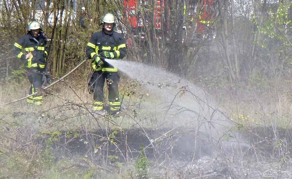 Mit einem Strahlrohr konnte von der Feuerwehr die Fläche abgelöscht werden. Arbeiter hatten zuvor mit Pulverlöschern ein Übergreifen auf das Werksgelände verhindert.