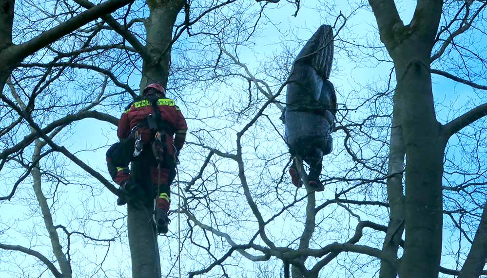 Die Einsatzstelle bei Werdohl befand sich in einem steilen Waldgelände ca. 500 Meter von jeglichen befestigten Wegen entfernt und war nur fußläufig zu erreichen.