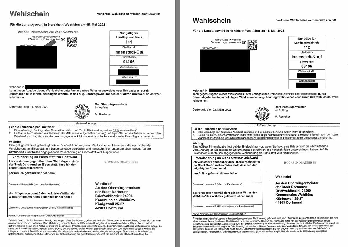 Links ist der fehlerhafte Wahlschein mit dem Kölner Frankiervermerk, rechts der korrekte mit dem Dortmunder. Beide Wahlscheine sind aber gültig.