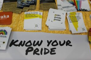 Flyer und Sticker zur Ausstellung und zum CSD in verschiedenen Sprachen.