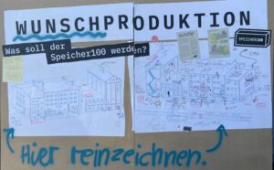 Im Rahmen der offenen Ateliers konnten Besucher:innen ihre Wunschvorstellungen für den neuen Speicher 100 einzeichnen