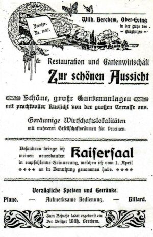 Ehem. Gaststätte "Zur schönen Aussicht", Holthauser Str. 124, warb mit einer schönen Anzeige im Dortmunder Adressbuch von 1897. Auf der Postkarte ist zu erkennen, dass eine Baumreihe das Lokal vom Ems-Kanal trennte.
