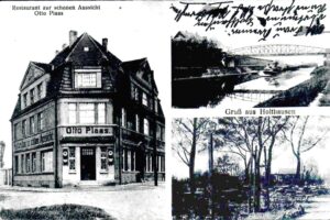 Ehem. Gaststätte "Zur schönen Aussicht", Holthauser Str. 124, warb mit einer schönen Anzeige im Dortmunder Adressbuch von 1897. Auf der Postkarte ist zu erkennen, dass eine Baumreihe das Lokal vom Ems-Kanal trennte.