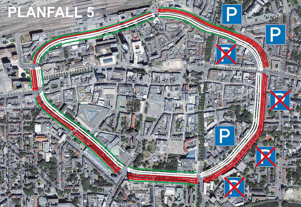 Stufe 1: Realisierung des Planfalls 5 – Reduzierung einer Fahrspur je Richtung auf dem Großteil des Wallrings zwischen Neutor und Bornstraße. Beibehaltung der im Rahmen der Emissionsfreien Innenstadt umgebauten Radverkehrsanlagen am Ost- und Schwanenwall (Radwall).