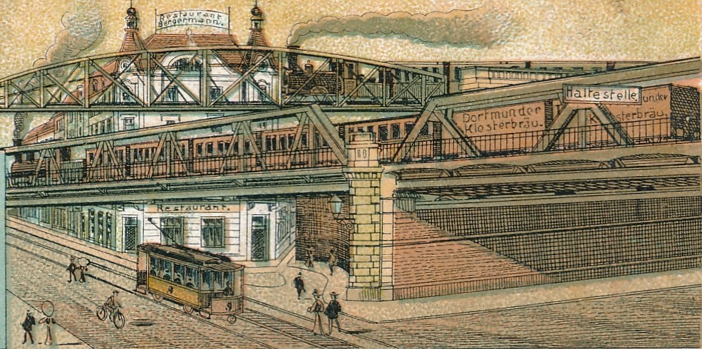 Das Eisenbahnbrückenbauwerk Oestermärsch und Gronaustraße; Ansichtskarte (Detail) von 1909