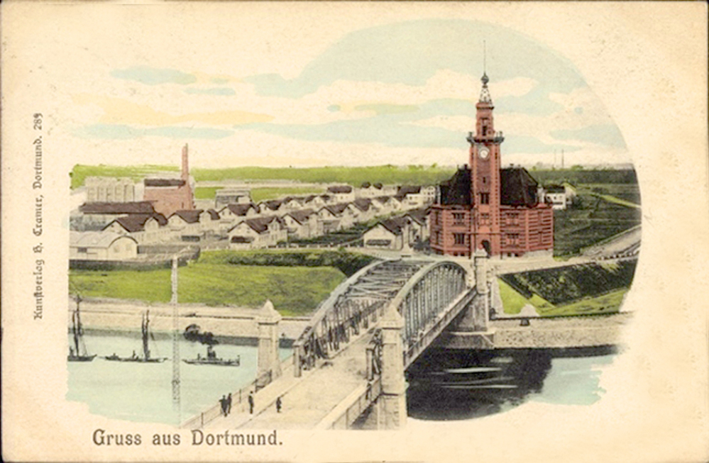 Zwischen dem heutigen Alten Hafenamt und der Schäferstraße befand sich die Union-Vorstadt Siedlung. Am Horizont ist die Zeche Minister Stein in Eving zu erkennen. 