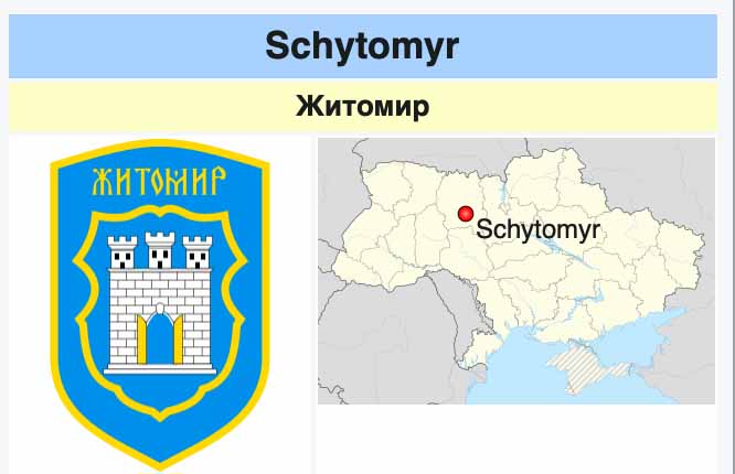 Stadtwappen und geographische Lage der Stadt Schytomyr.