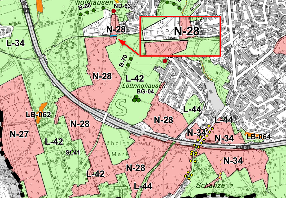 Landschaftsplan Dortmund: Das Naturschutzgebiet N-28 wird von der breiten Autobahn 45 durchschnitten, aber die Asphaltierung des schmalen Radwegs Rheinischer Esel (blau, ganz oben) am Rand des Naturschutzgebiets wird als Problem dargestellt. 