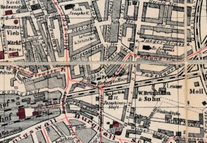 Straßenbahnstrecken (rote Linien) im Bereich der Heiligegartenstraße, Stadtplan um 1902 (Detail)