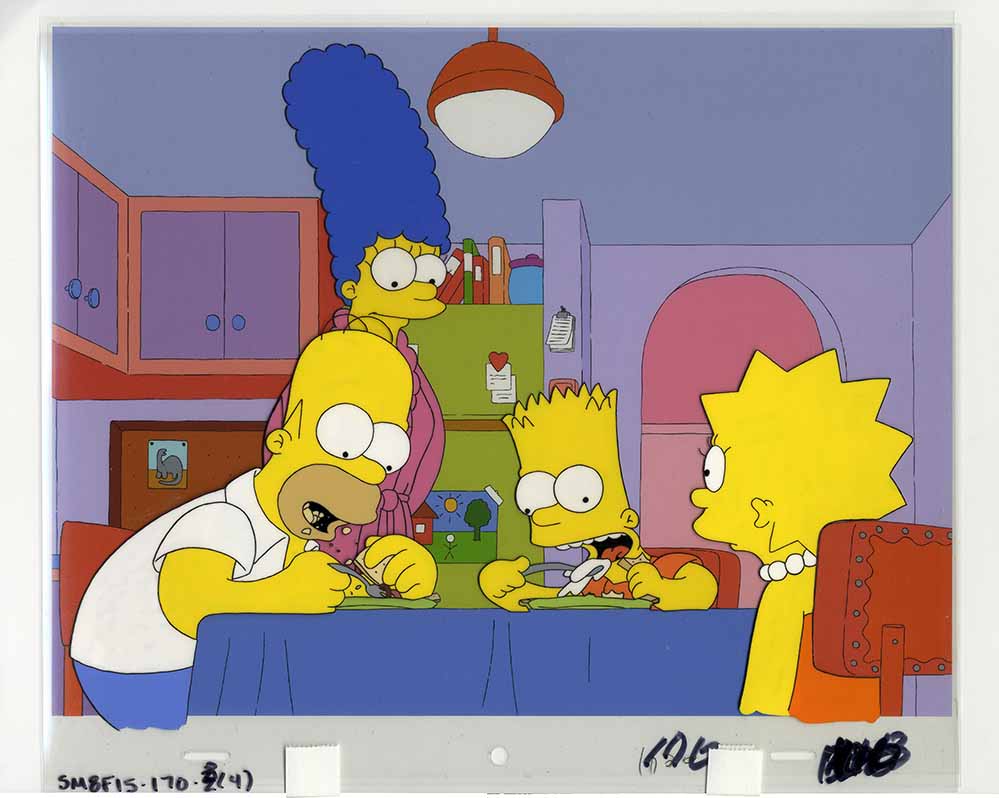 Ein Original, das in der Ausstellung zu sehen sein wird: Matt Groening: The Simpsons, Season 3, Folge 18, Separate Vocations (dt. Der Eignungstest) - Acrylfarbe auf Folie, je 32 x 27 cm