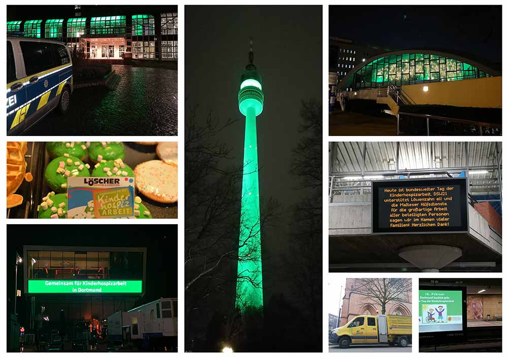 Dortmund leuchtet grün: Zum Tag der Kinderhospizarbeit am Samstag, 10. Februar, werden namhafte Gebäude in der Stadt wieder grün erleuchtet, wird grün gebacken, grün geschmückt und in grün über die Kinderhospizarbeit in der Stadt informiert.