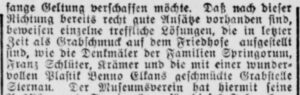 Ausschnitt aus einem Zeitungsartikel mit Nennung der Elkan-Plastik auf dem Grab der Eheleute Sternau