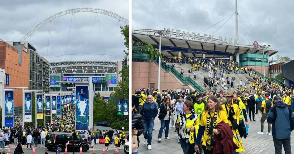 Zehntausende BVB-Fans sind in London - viele davon ohne Ticket. Dennoch haben sie Spaß und sorgen für Stimmung. Die Glücklichen mit Ticket sind mittlerweile auf dem Weg ins Stadion bzw. dort angekommen.